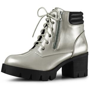 Platform Ankle Boots Lace Up Chunky Heel Silver Combat Boots